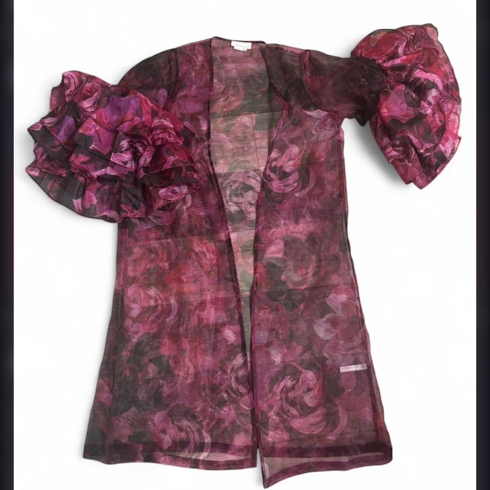 Anthropologie Sheer Ruffle Sleeve Kimono in Plum and Mauve Tones